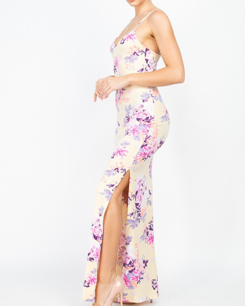 VESTIDO LARGO FLOREADO CON TAJO SALE