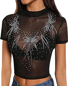 TOP TUL MANGA CORTA CON BRILLOS
