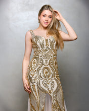 Cargar imagen en el visor de la galería, VESTIDO LARGO BORDADO ARABESCOS MAS PICOS LISO
