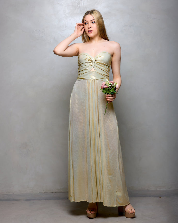 VESTIDO LARGO STRAPLESS NUDO CON BRILLO