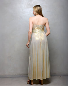 VESTIDO LARGO STRAPLESS NUDO CON BRILLO