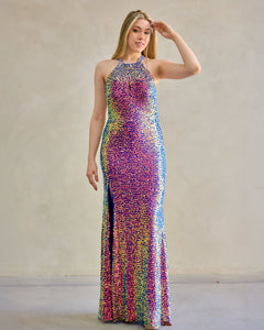 VESTIDO LARGO CUELLO HALTER GOTA LENTEJUELA