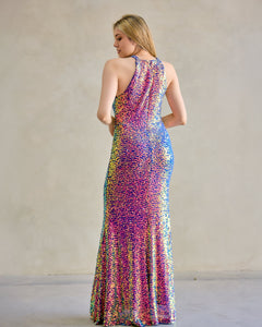 VESTIDO LARGO CUELLO HALTER GOTA LENTEJUELA