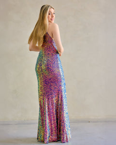 VESTIDO LARGO CUELLO HALTER GOTA LENTEJUELA