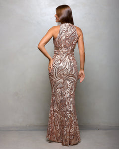 VESTIDO LARGO BORDADO CUELLO HALTER C/GOTA