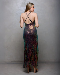 VESTIDO LARGO LENTEJUELAS LINEAS GEOMETRICAS