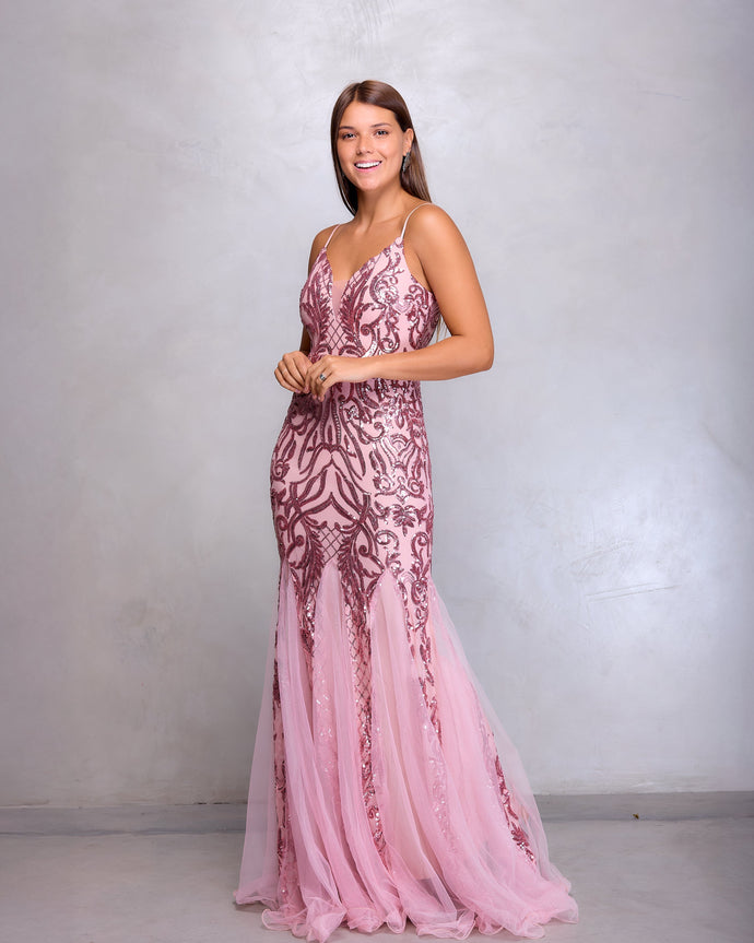 VESTIDO LARGO BORDADO CON PICOS LISOS Y BRETEL FINO