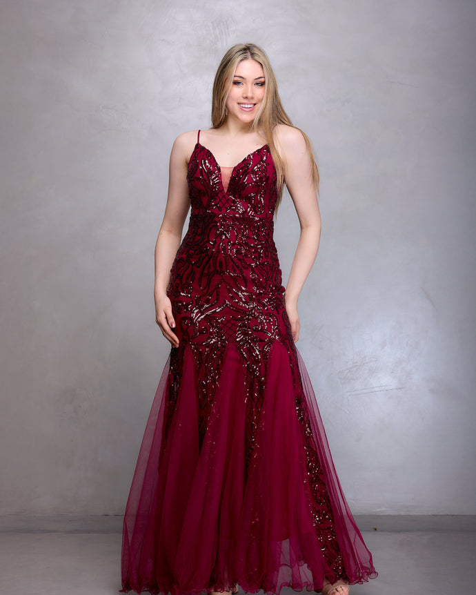 VESTIDO LARGO BORDADO CON PICOS LISOS Y BRETEL FINO