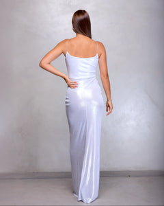 VESTIDO LARGO BRILLO CON NUDO CINTURA
