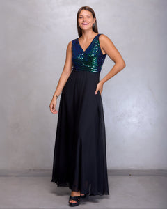 VESTIDO LARGO TOP LENTEJUELA TORNASOLADO