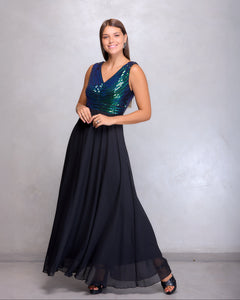 VESTIDO LARGO TOP LENTEJUELA TORNASOLADO