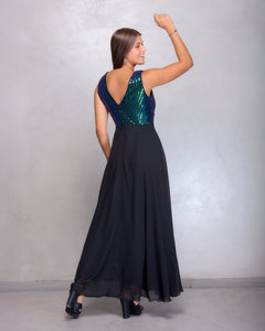 VESTIDO LARGO TOP LENTEJUELA TORNASOLADO