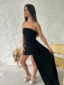 VESTIDO TUBO LUREX STRAPLESS CON COLA COSTADO