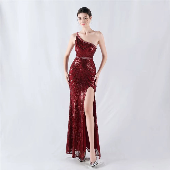 VESTIDO LARGO 1 HOMBRO Y CORTE CINTURA