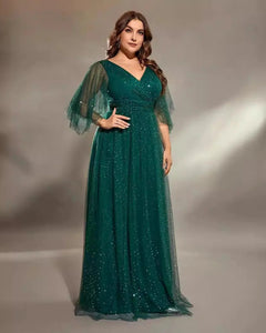 VESTIDO LARGO CON BRILLOS Y MANGAS TALLES GRANDES