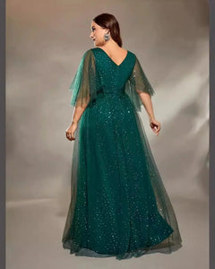 VESTIDO LARGO CON BRILLOS Y MANGAS TALLES GRANDES