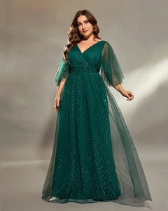 VESTIDO LARGO CON BRILLOS Y MANGAS TALLES GRANDES