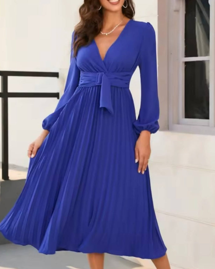 VESTIDO MIDI FALDA PLISADA MANGA LARGA TALLES GRANDES