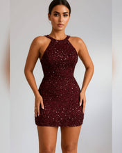 Cargar imagen en el visor de la galería, VESTIDO TUBO CUELLO HALTER LENTEJUELAS
