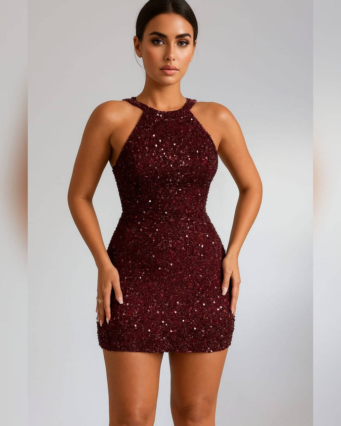 VESTIDO TUBO CUELLO HALTER LENTEJUELAS
