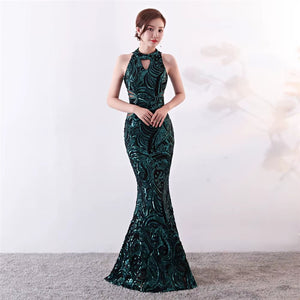 VESTIDO LARGO BORDADO CUELLO HALTER C/GOTA
