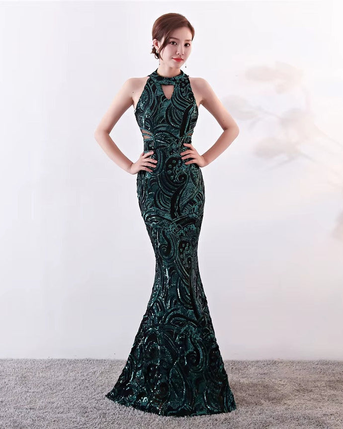 VESTIDO LARGO BORDADO CUELLO HALTER C/GOTA