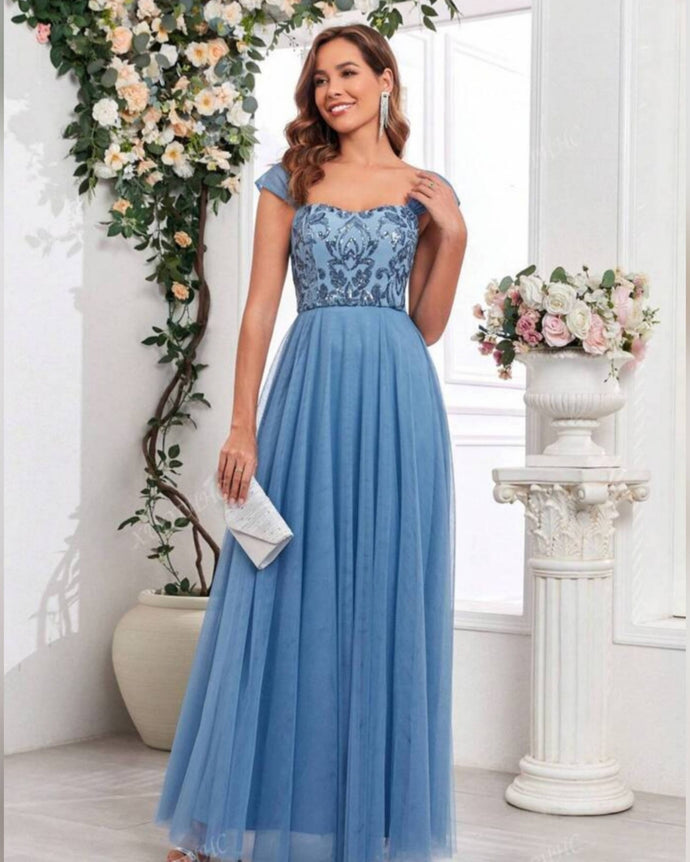 VESTIDO LARGO TOP TUL BORDADO MAS LISO BRETEL ANCHO