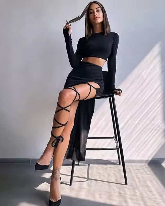 CONJUNTO TOP MAS FALDA LARGA CON TIRAS
