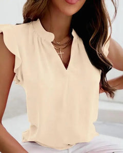 BLUSA MANGA CORTA ESCOTE V Y VOLADITOS EN LA MANGA