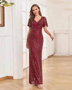VESTIDO LARGO LENTEJUELAS LINEAS CON MANGAS