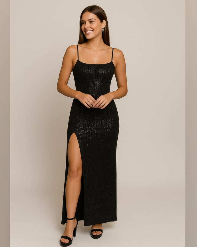 VESTIDO BASICO LENTEJUELAS CON TAJO