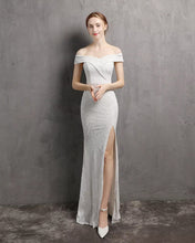 Cargar imagen en el visor de la galería, VESTIDO LARGO LENTEJUELAS FORMAS HOMBROS CAIDOS
