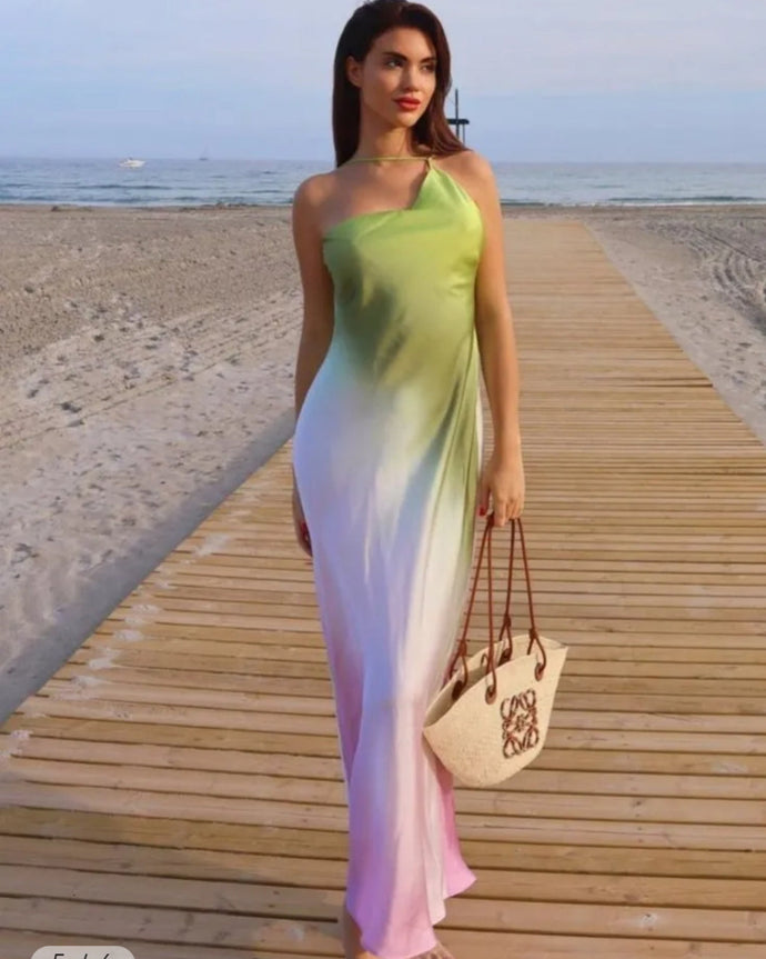 VESTIDO GASA UN HOMBRO DEGRADE