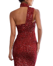 Cargar imagen en el visor de la galería, VESTIDO LARGO LENTEJUELAS UN HOMBRO CON CUELLO
