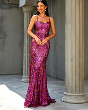 Cargar imagen en el visor de la galería, VESTIDO LARGO TUL BORDADO MAGENTA
