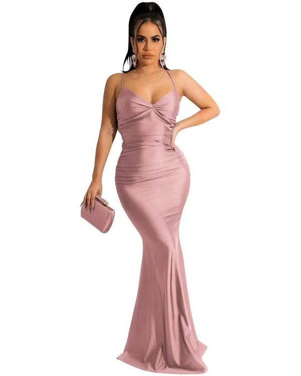 VESTIDO LARGO SIRENA SEDA FRUNCE BUSTO