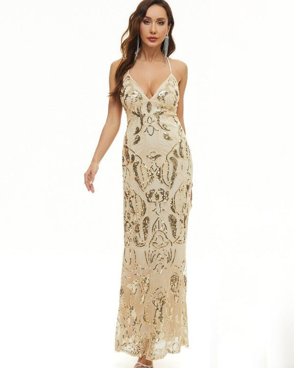 VESTIDO LARGO LENTEJUELAS FORMAS ESPALDA ABIERTA