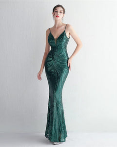 VESTIDO LARGO LENTEJUELA DISEÑO ESCOTE TUL