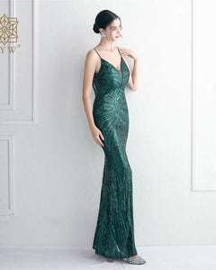VESTIDO LARGO LENTEJUELA DISEÑO ESCOTE TUL