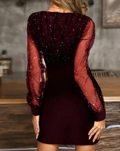 VESTIDO TUBO MANGA LARGA TUL BRILLOS