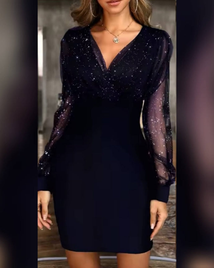 VESTIDO TUBO MANGA LARGA TUL BRILLOS