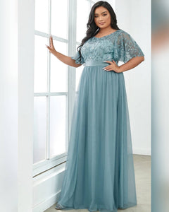 VESTIDO LARGO TOP TUL BORDADO MAS LISO TALLE GRANDE