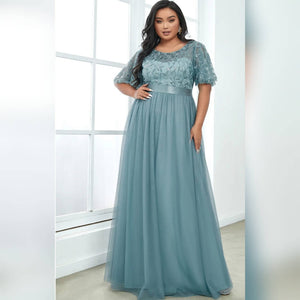 VESTIDO LARGO TOP TUL BORDADO MAS LISO TALLE GRANDE