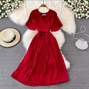 VESTIDO MIDI FALDA PLISADA MANGA CORTA **SALE**