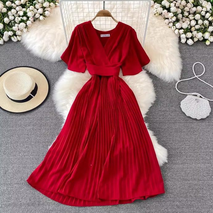 VESTIDO MIDI FALDA PLISADA MANGA CORTA **SALE**